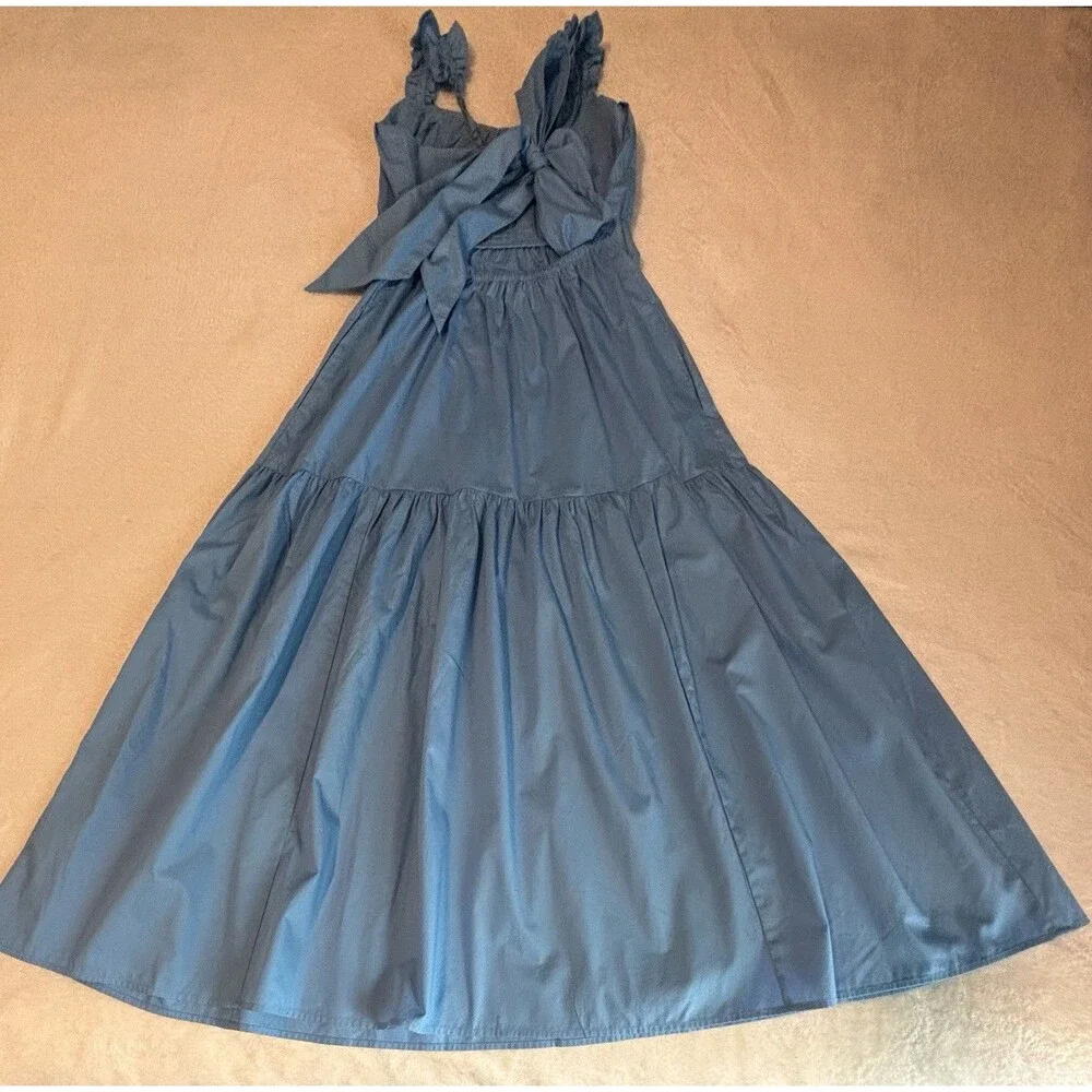 Abercrombie & Fitch Tiered Bow Back Ruffle Poplin Maxi Dress Sz MP Blue